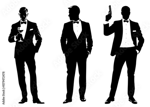 Silhouettes of elegant men in suits and with a bow tie with a gun in their hand on a white background. Bond themed illustration of a shooting man