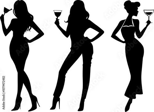 Vector set of silhouette young elegant women dressed in evening dress holding wine glasses with a cocktail in hand. Sexy girl with a glass.