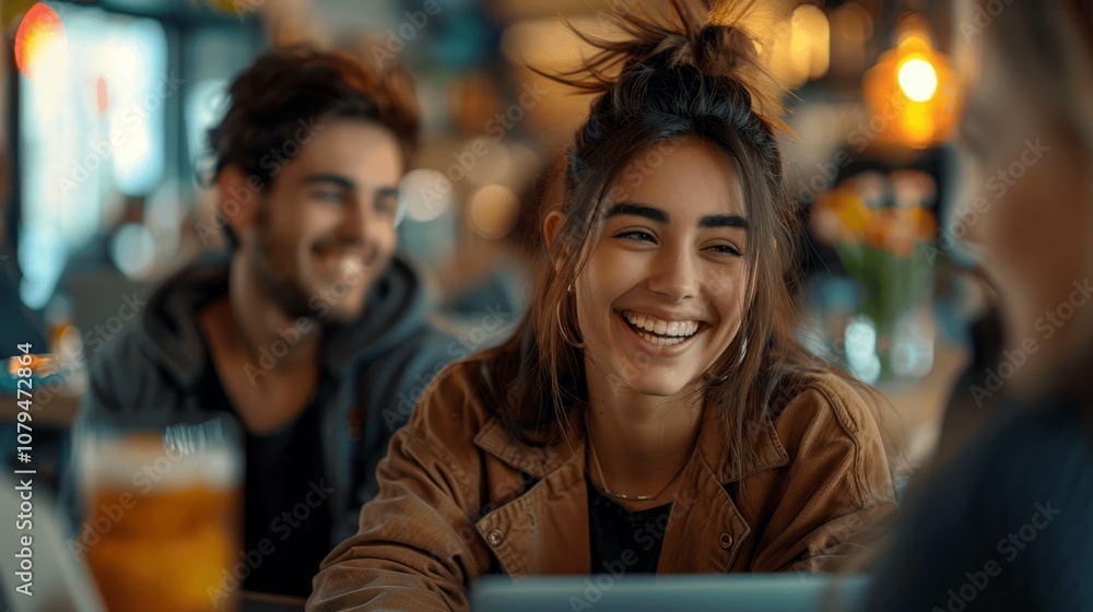 Happy young professionals laughing and collaborating in a modern office setting Happy young professionals laughing and collaborating in a modern office setting