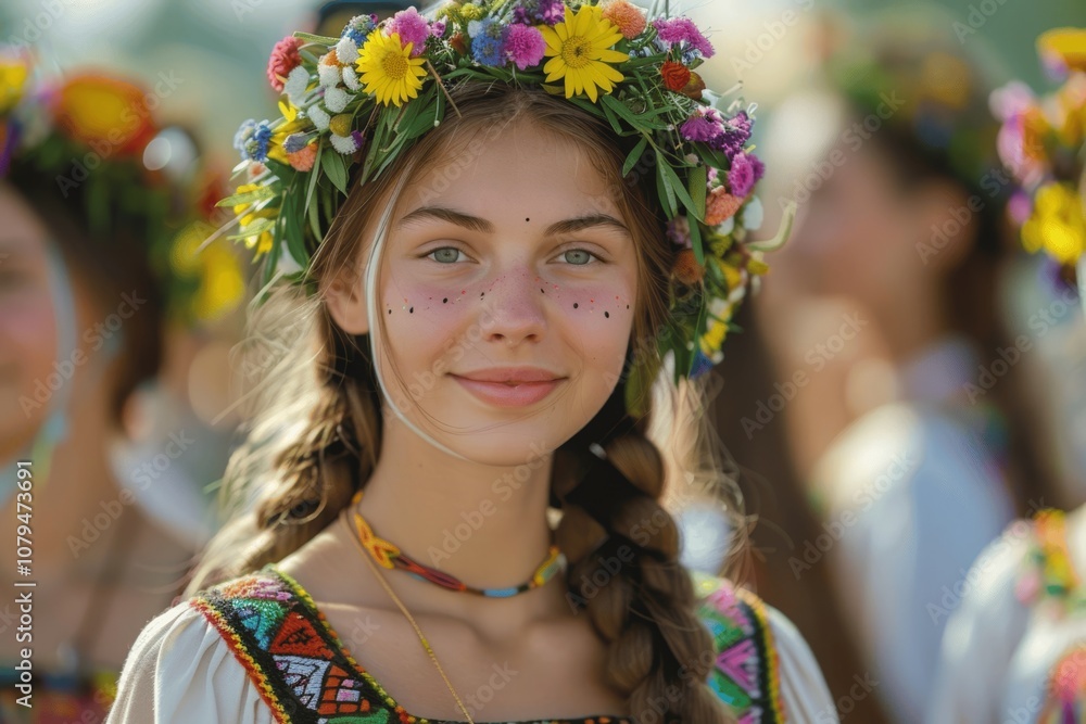 Joyful Slavic Festival with Traditional Dresses and Floral Wreaths Joyful Slavic Festival with Traditional Dresses and Floral Wreaths