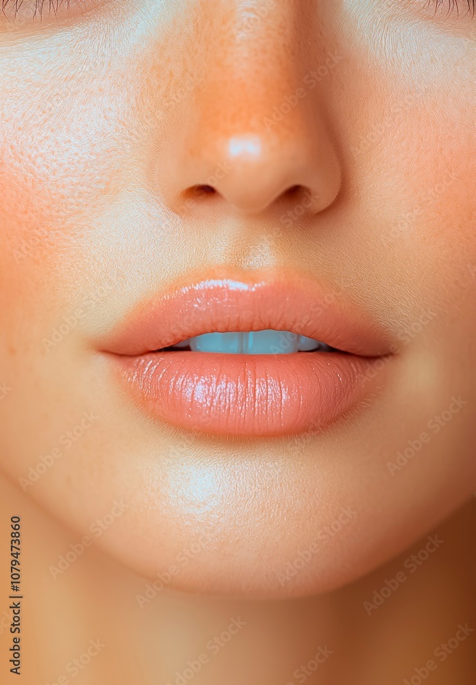 Fototapeta premium Close-up of a radiant model's lips highlighting soft, natural beauty under warm lighting in a serene atmosphere, capturing the essence of contemporary skincare and makeup artistry