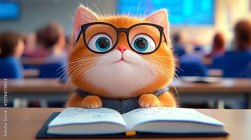 A curious orange cat in glasses attentively studies a notebook during a lively classroom session filled with eager classmates and bright screens A curious orange cat in glasses attentively studies a notebook during a lively classroom session filled with eager classmates and bright screens