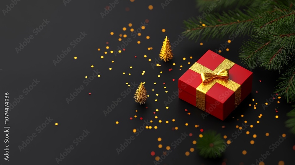 Naklejka premium A festive red gift box with a gold bow under a pine tree, evoking holiday cheer and anticipation.