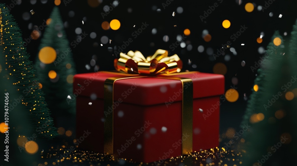 A festive red gift box adorned with a shimmering gold bow, perfect for holiday celebrations or special occasions. A festive red gift box adorned with a shimmering gold bow, perfect for holiday celebrations or special occasions.
