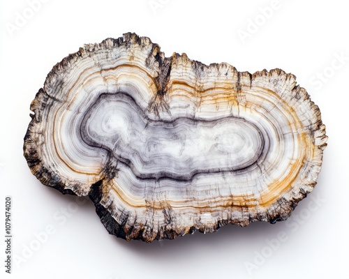 A beautiful slice of agate with intricate patterns and colors, white isolate background.