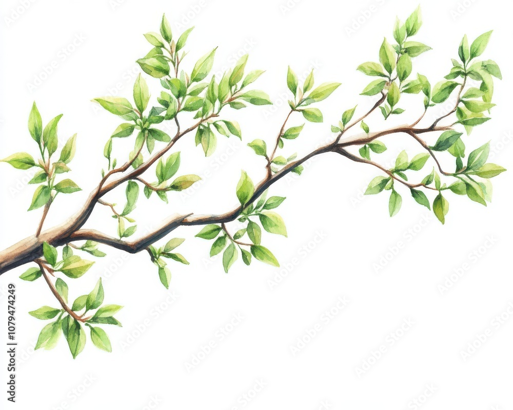 A detailed illustration of a green branch with fresh leaves, white isolated background. A detailed illustration of a green branch with fresh leaves, white isolated background.