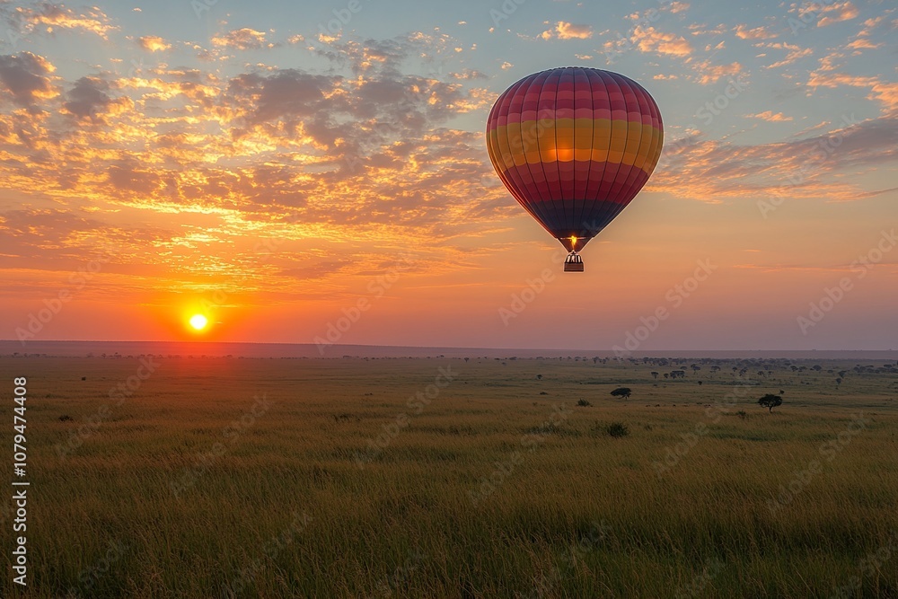 Naklejka premium A stunning hot-air balloon shines brightly against the early morning sky, creating a captivating and colorful spectacle that embodies adventure and serenity.