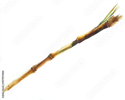 A single bamboo stick with green leaves, isolated on a white background. photo