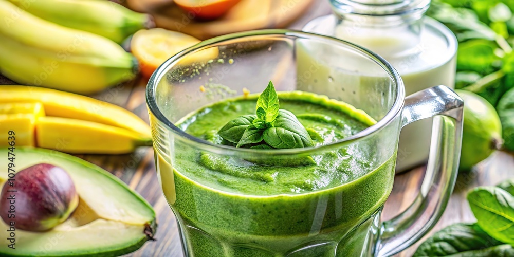 Close-up of a blender whipping up a green smoothie made with spinach, avocado, and banana, fitness, fruit Close-up of a blender whipping up a green smoothie made with spinach, avocado, and banana, fitness, fruit