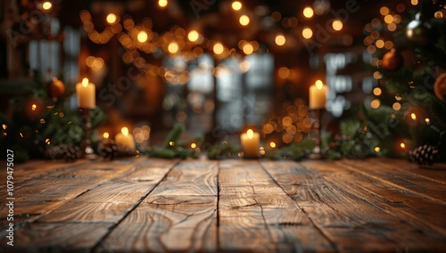 Rustic Christmas Interior with Empty Wooden Table and Cozy Decorations