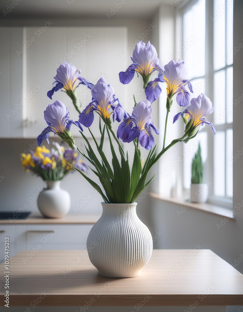 Fresh Iris flowers in a simple vase on a table with a minimalist background Fresh Iris flowers in a simple vase on a table with a minimalist background