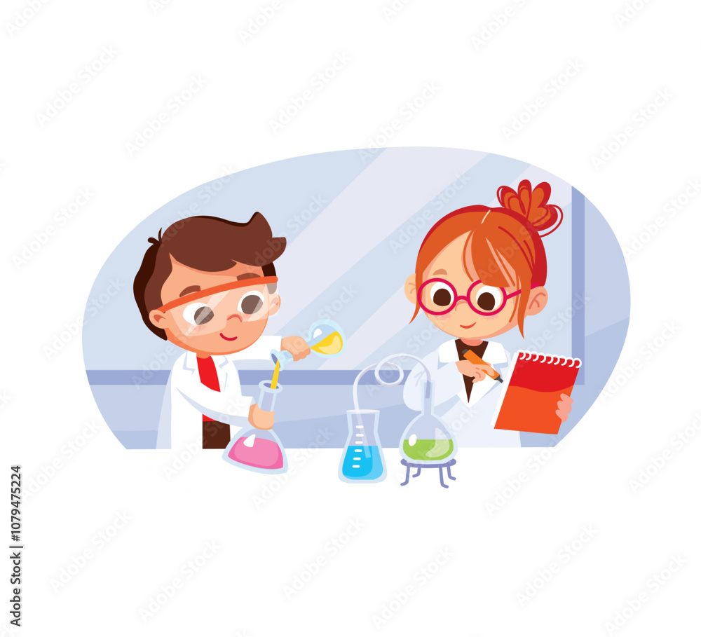 Pupils students are studying chemistry making science experiment in chemistry class, full face. boy pouring test tube, girl making notes, studying subject. Vector flat. facing forward. Pupils students are studying chemistry making science experiment in chemistry class, full face. boy pouring test tube, girl making notes, studying subject. Vector flat. facing forward.