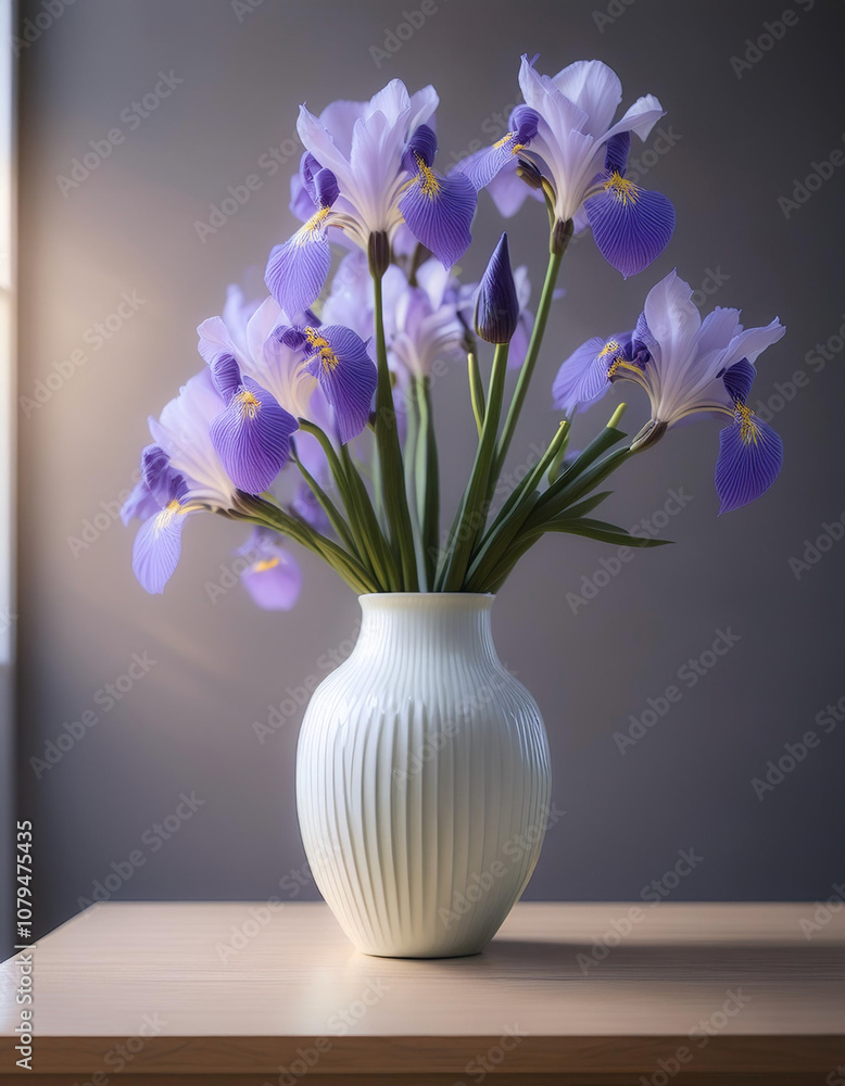 Fresh Iris flowers in a simple vase on a table with a minimalist background Fresh Iris flowers in a simple vase on a table with a minimalist background