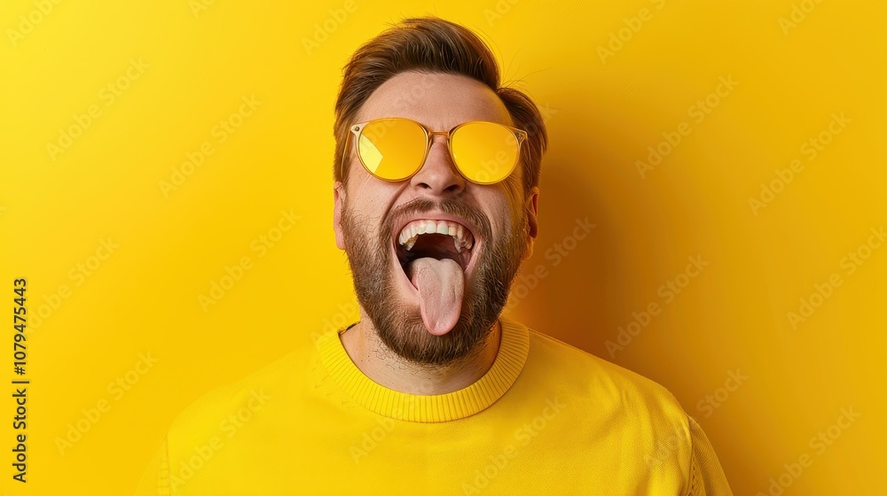 Trendy portrait of a young man with sunglasses, showcasing a fun and playful vibe with his tongue out. Trendy portrait of a young man with sunglasses, showcasing a fun and playful vibe with his tongue out.