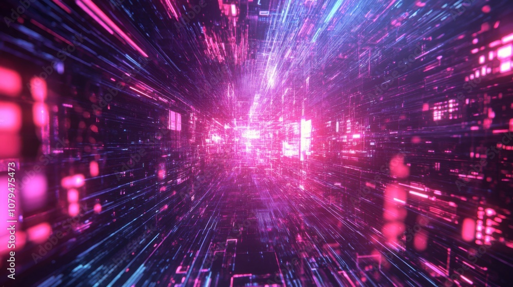 Vibrant abstract digital tunnel with glowing pink and blue lights Vibrant abstract digital tunnel with glowing pink and blue lights