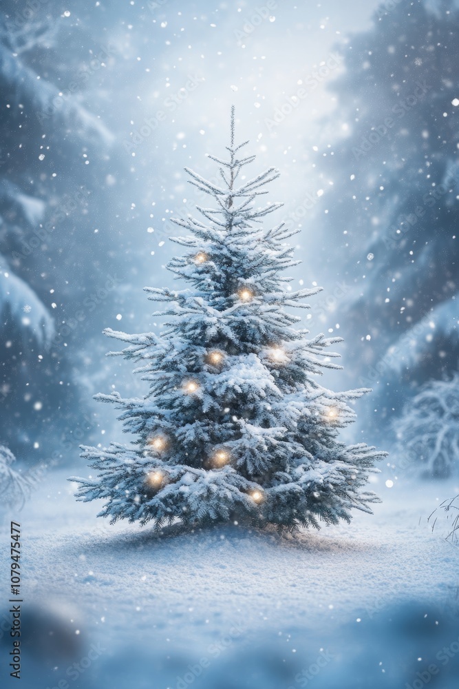 A small Christmas tree adorned with lights stands in a snowy forest, surrounded by serene white landscapes. A small Christmas tree adorned with lights stands in a snowy forest, surrounded by serene white landscapes.