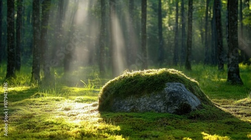 Sunlight filters through trees illuminating a moss-covered rock