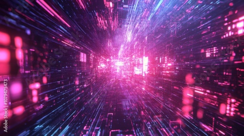 Vibrant abstract digital tunnel with glowing pink and blue lights