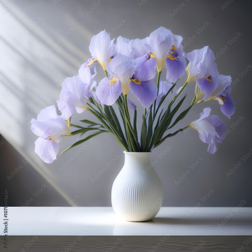 Fresh Iris flowers in a simple vase on a table with a minimalist background Fresh Iris flowers in a simple vase on a table with a minimalist background