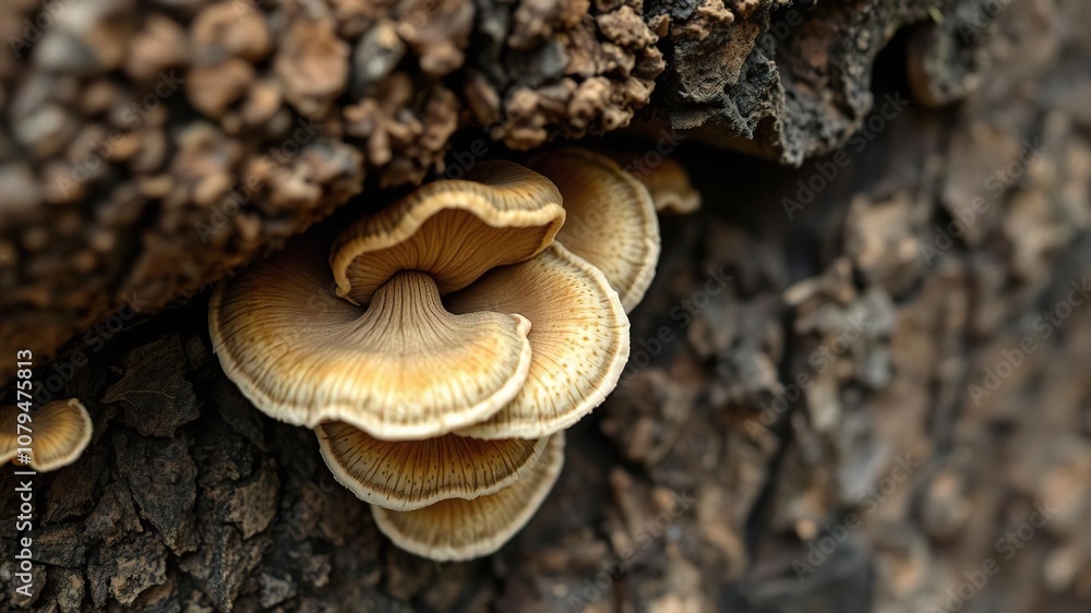 Close-up of bracket fungi growing on a tree trunk shelf, showcasing intricate textures and natural patterns, fungus, tree trunk, organic Close-up of bracket fungi growing on a tree trunk shelf, showcasing intricate textures and natural patterns, fungus, tree trunk, organic