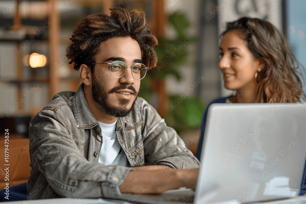 Young male employee with glasses pointing at laptop screen while discussing project with female manager in office Young male employee with glasses pointing at laptop screen while discussing project with female manager in office