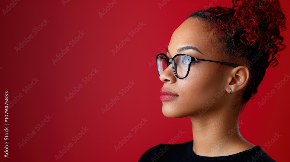 A stylish afro American woman showcases her vibrant red puff hairstyle, complemented by chic glasses against a bold red backdrop. A stylish afro American woman showcases her vibrant red puff hairstyle, complemented by chic glasses against a bold red backdrop.