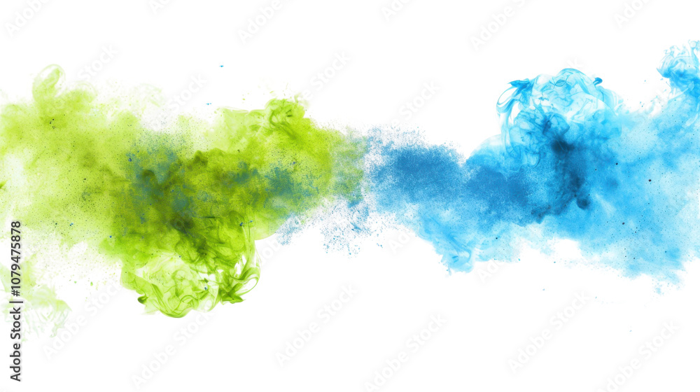 Blue and green color paint splashes smoke cloud on white transparent background
Blue and green color paint splashes smoke cloud on white transparent background