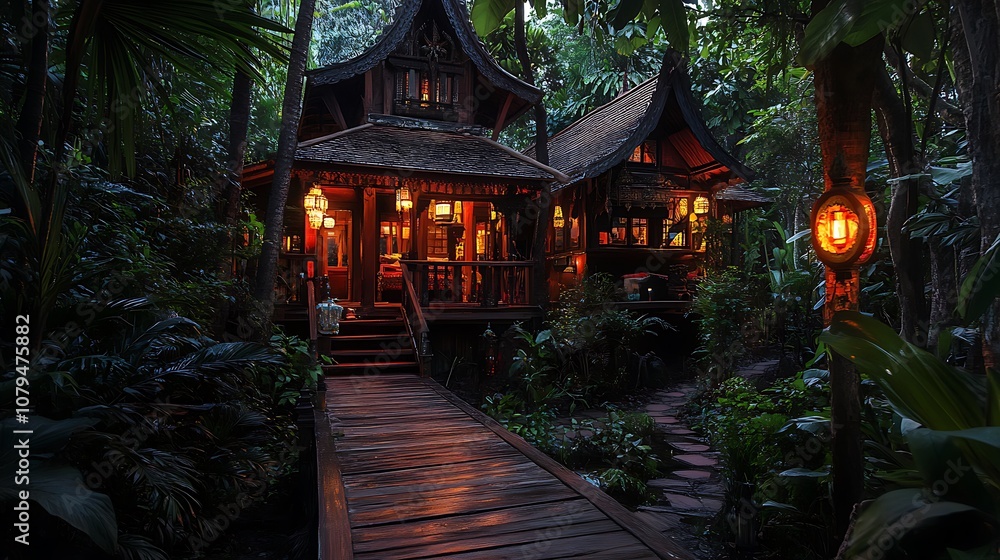 Fototapeta premium A cozy wooden house nestled in a lush, tropical forest, illuminated by warm lanterns.