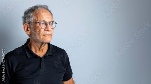 A senior man with grey hair, dressed in a black polo, poses confidently against a white backdrop with a relaxed smile. photo