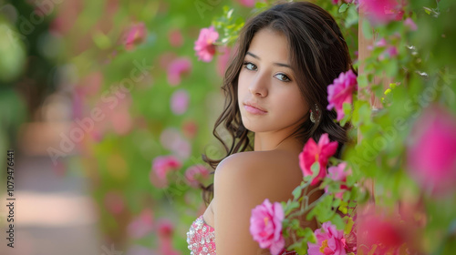 A young woman in a breezy summer dress leans against a sunlit wall, exuding confidence and style in the great outdoors.