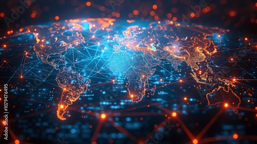 Global Digital Connectivity Map: International Network, Data Transfer, Cyber Technology, Business Communication, Modern Tech Background