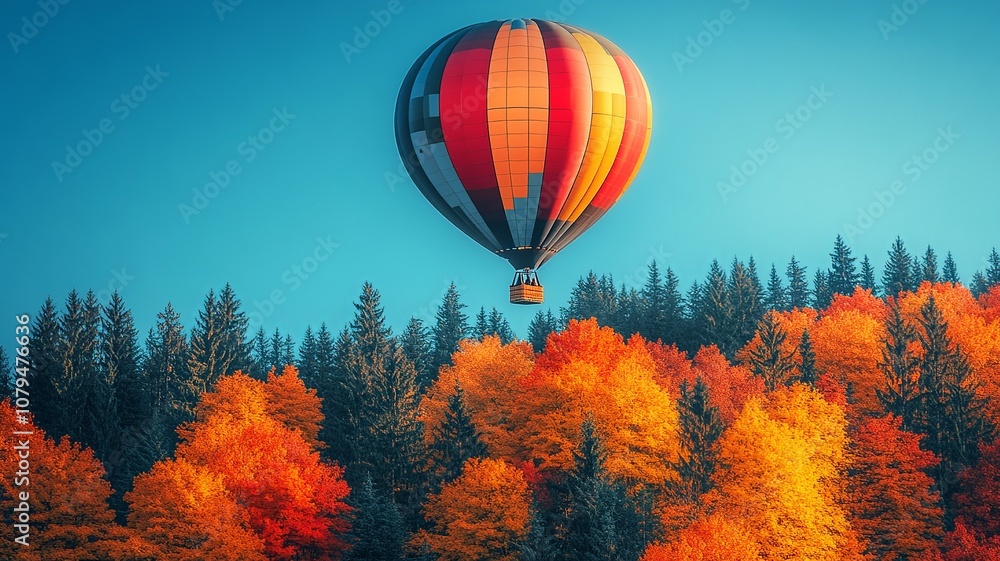 Fototapeta premium A stunning hot-air balloon shines brightly against the early morning sky, creating a captivating and colorful spectacle that embodies adventure and serenity.