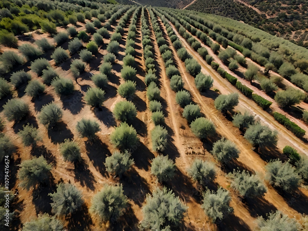 Aerial View of an Olive Orchard with Rows of Trees and Dirt Paths Aerial View of an Olive Orchard with Rows of Trees and Dirt Paths