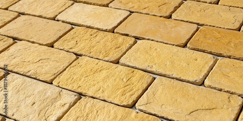 Close-up of handmade yellow sandstone tiles stitched together with clay for seamless wallpaper, wall art, handmade, archietural details, close up, yellow photo