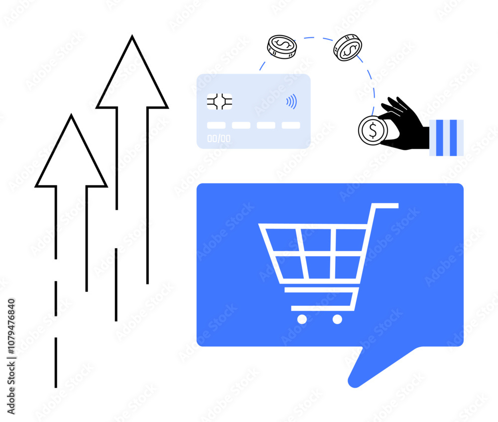 Arrows indicating upward growth, shopping cart in blue speech bubble, credit card, hand with coins. Ideal for e-commerce, digital payments, business growth, economic trends, online retail, financial Arrows indicating upward growth, shopping cart in blue speech bubble, credit card, hand with coins. Ideal for e-commerce, digital payments, business growth, economic trends, online retail, financial