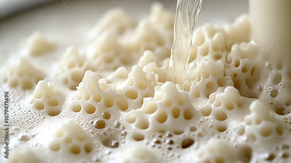 Water pouring over foamy white pasta in a bowl. Water pouring over foamy white pasta in a bowl.