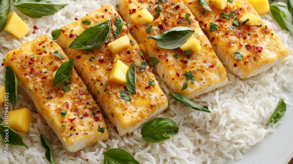 Coconut Crusted Fish with Mangoes, Herbs, Spices,, overbed on white rice , Close Up,Food Styling Coconut Crusted Fish with Mangoes, Herbs, Spices,, overbed on white rice , Close Up,Food Styling