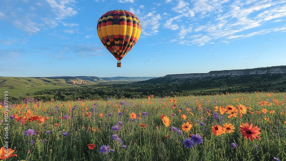 Fototapeta premium A stunning hot-air balloon shines brightly against the early morning sky, creating a captivating and colorful spectacle that embodies adventure and serenity.