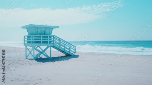 Beach lifeguard tower beside the ocean on a sunny day.