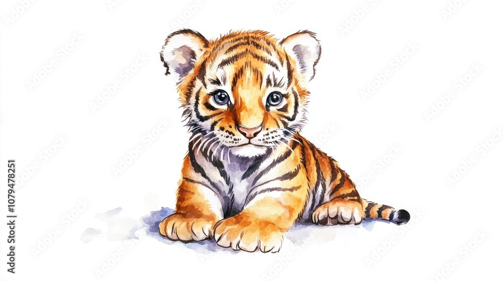 Obraz premium Watercolor baby tiger illustration Cute cartoon animal symbolizing the New Year Ideal for Christmas party decorations and invitations