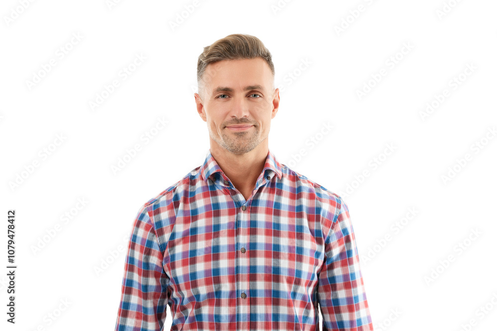 Guy has stylish haircut. Man with trendy hairstyle. Casual male style portrait. Mature portrait. Mature man isolated on white. Stylish man portrait. Casual style of Caucasian man Guy has stylish haircut. Man with trendy hairstyle. Casual male style portrait. Mature portrait. Mature man isolated on white. Stylish man portrait. Casual style of Caucasian man