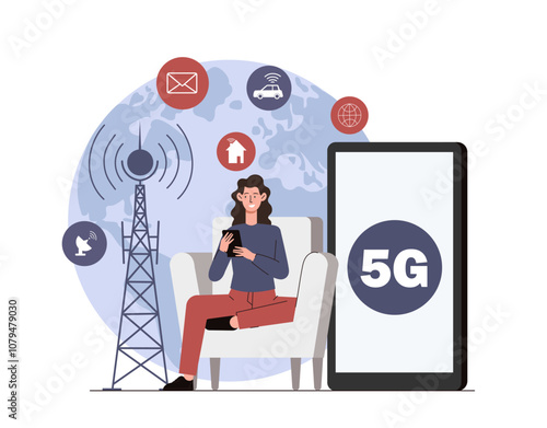 Woman with 5G. Young girl with smartphone near huge tower. Wireless internet connection at mobile phone. Person with gadget and device. Flat vector illustration isolated on white background