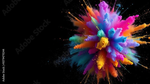 Colorful powder explosion on black background, confetti, vibrant, high energy