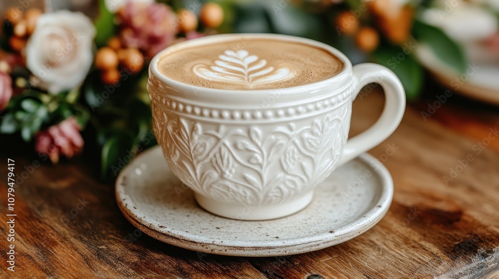 White ceramic mug with latte art on a wooden table. White ceramic mug with latte art on a wooden table.