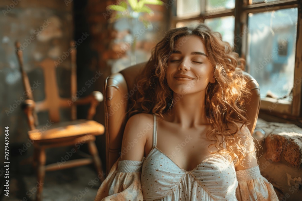 Happy woman relaxing in a cozy chair at home, smiling and enjoying her time with a yoga pose near the window Happy woman relaxing in a cozy chair at home, smiling and enjoying her time with a yoga pose near the window