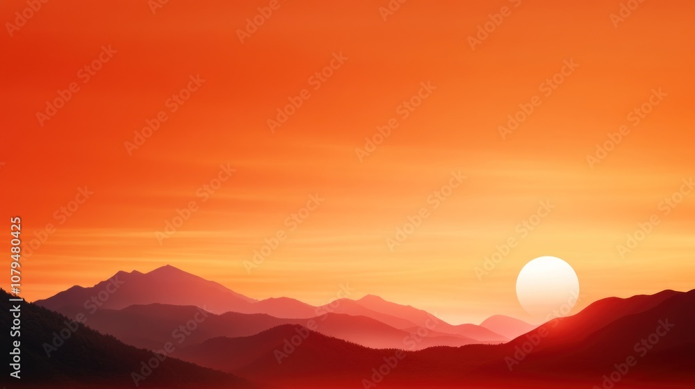 Serene sunset over layered mountains with a warm orange sky. Serene sunset over layered mountains with a warm orange sky.