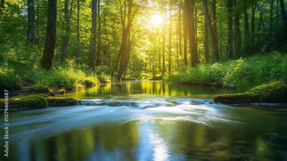 Fototapeta premium Winding River through Lush Summer Forest, a serene waterway meanders amid vibrant greenery, sunlight dances on the surface, showcasing nature's tranquil beauty.