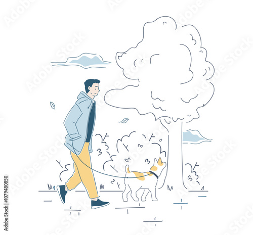 Man walk with dog. Young guy with dog on leash walks in city park. Puppy owner walk in garden. Routine and household chores. Linear vector illustration isolated on white background
