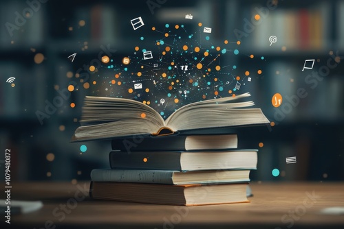 Explore the world of knowledge a stack of open books unveiling symbols of learning and understanding in a digital age