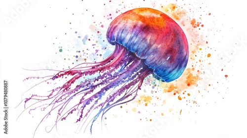 Whimsical 2D watercolor illustration of a vibrant and cheerful jellyfish